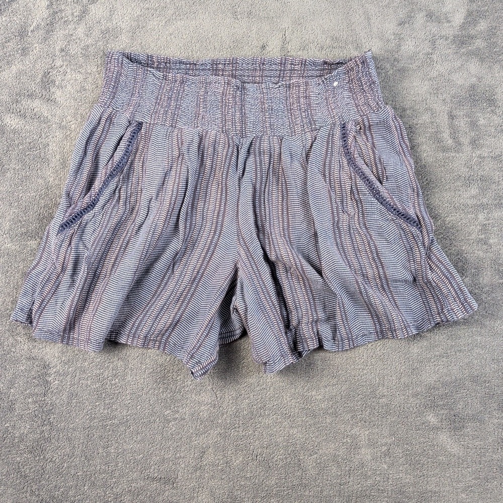 Three Dots Pull On Shorts Womens Sz S Navy Stripe Smocked Waist Pockets Boho
